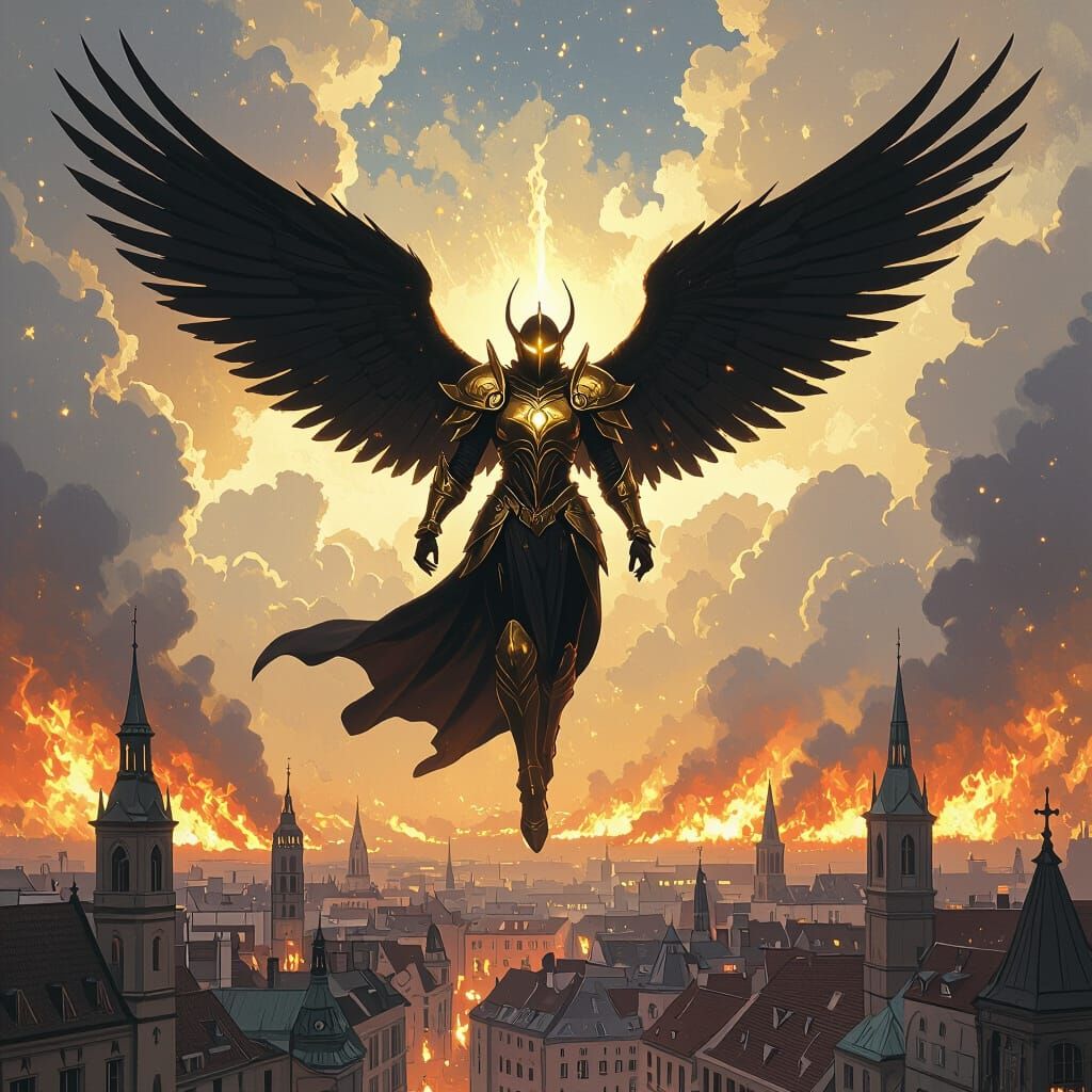 Fiery Angel Soaring Over Burning City
