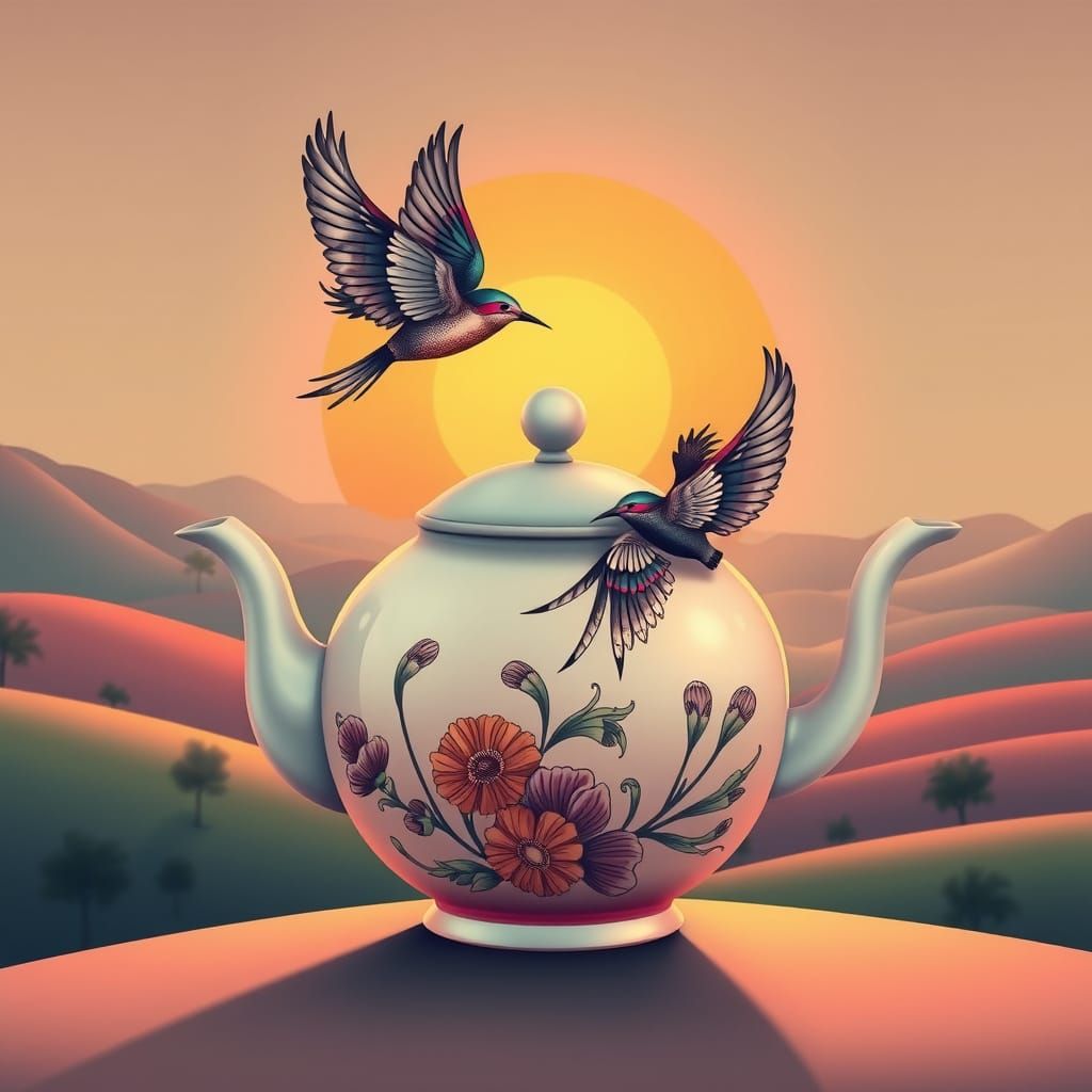Whimsical Teapot with Birds in Flight: Tattoo Art