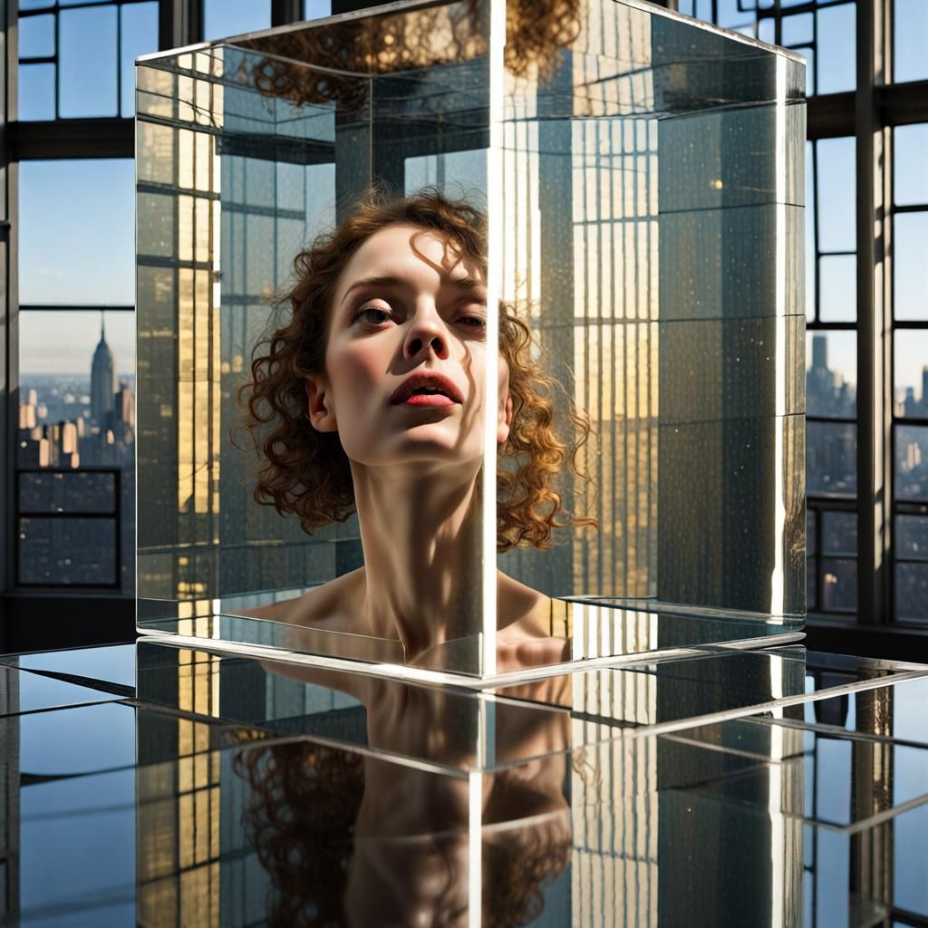 Glass Cube Labyrinth Reflecting Urban Cityscape
