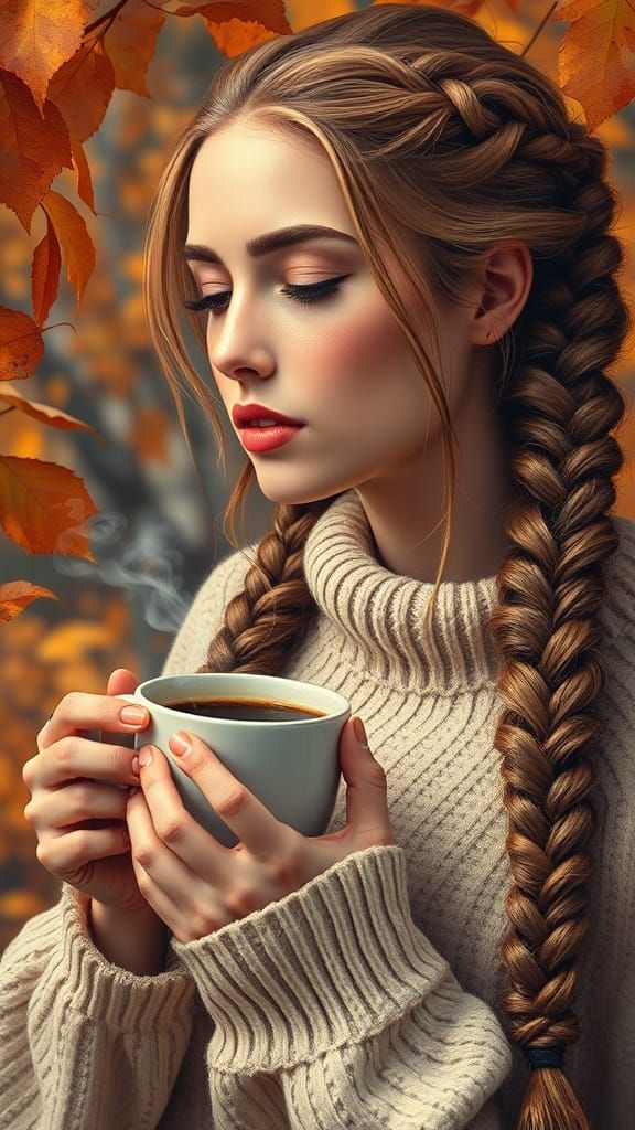 Autumn Woman with Coffee in Splash Art Style