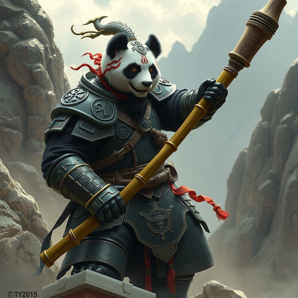 Panda Warrior in Obsidian Armor on Mountainside