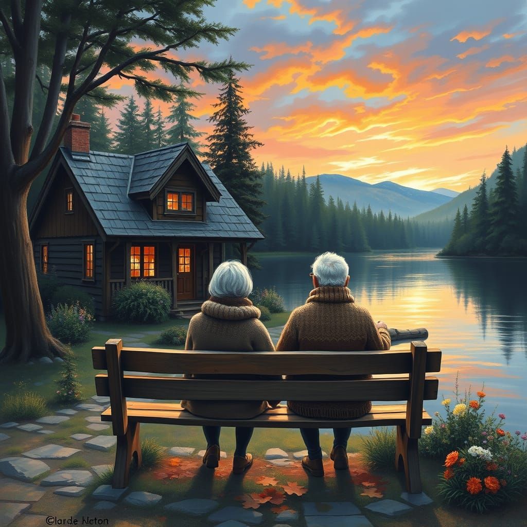 Cozy Lakeside Cottage Sunset in Impressionist Style