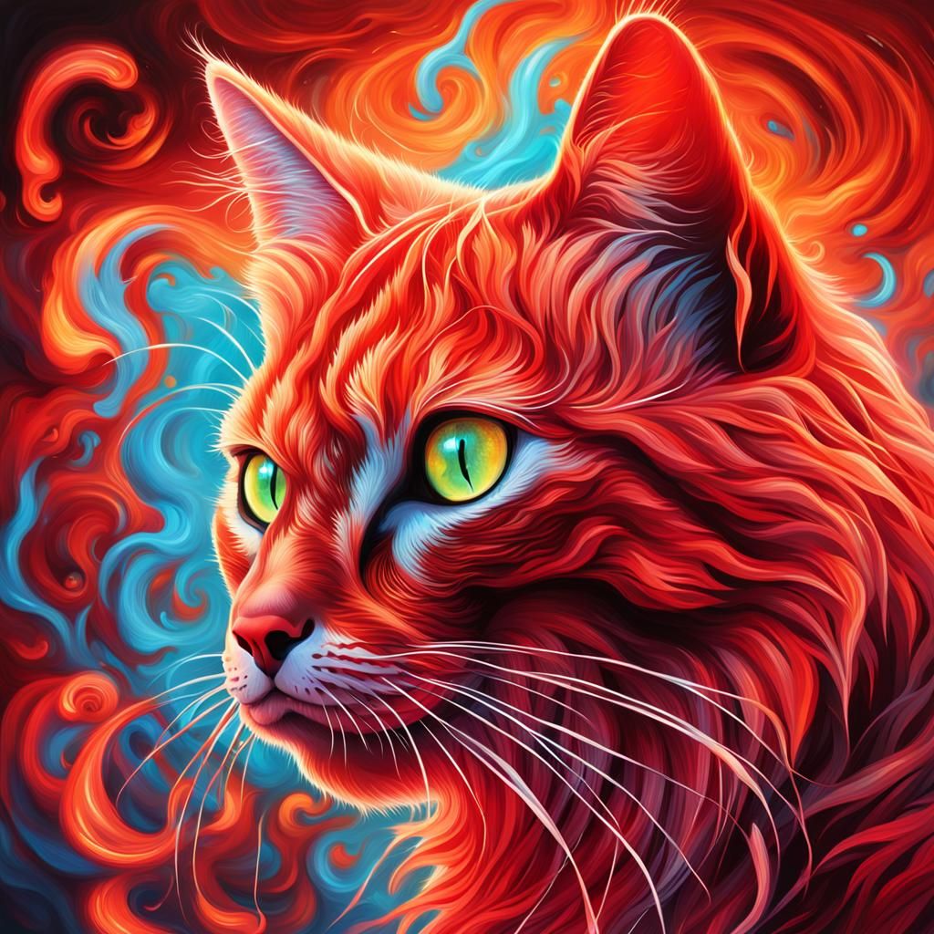 Fiery Red Flame Cat with Bioluminescent Eyes