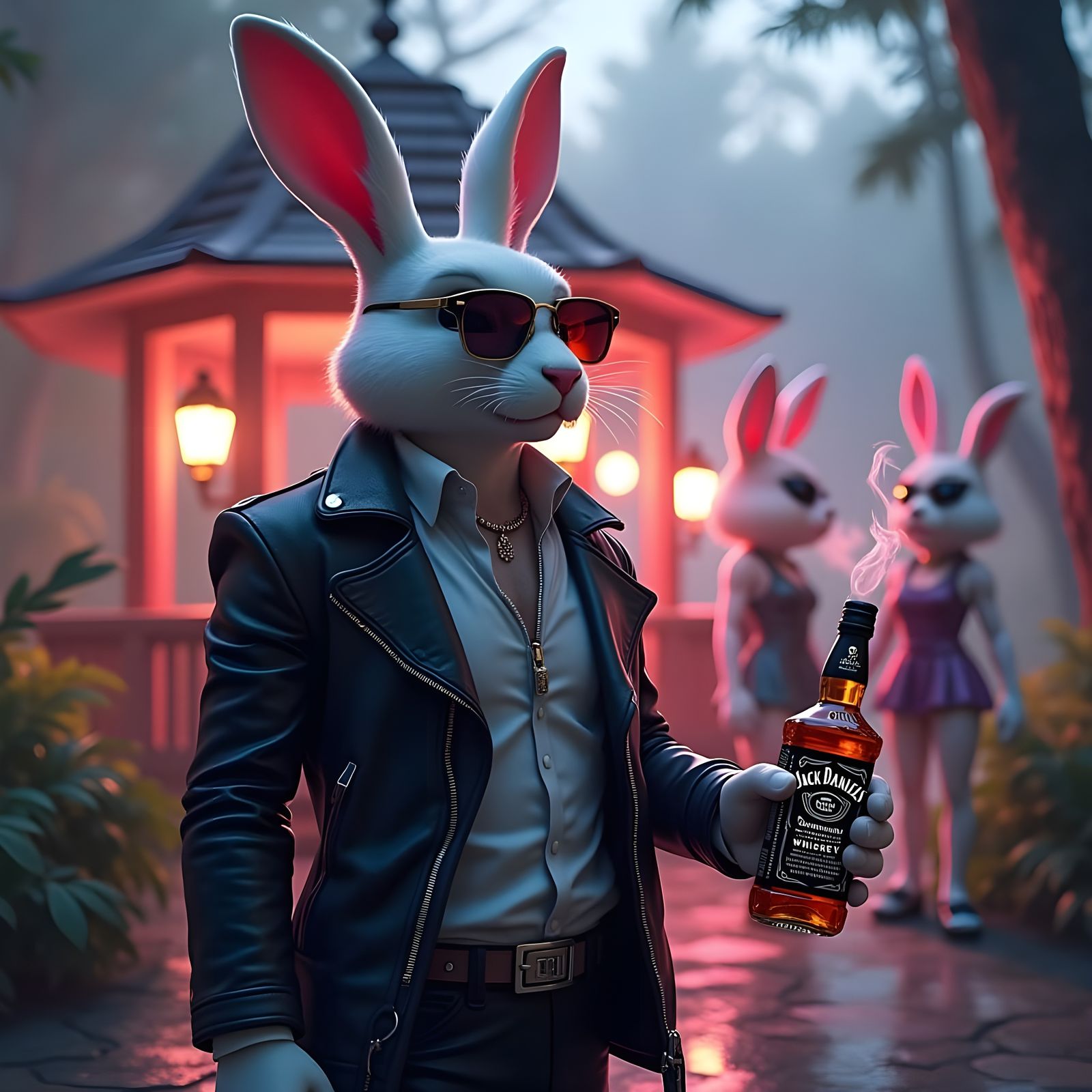 Bunnies Enjoying a Whiskey Party in Hyperrealistic Style