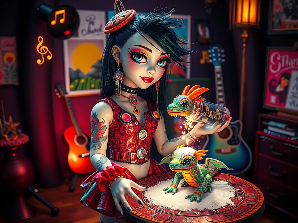 Glitter Goth Girl Creates Dragon, Surreal Art