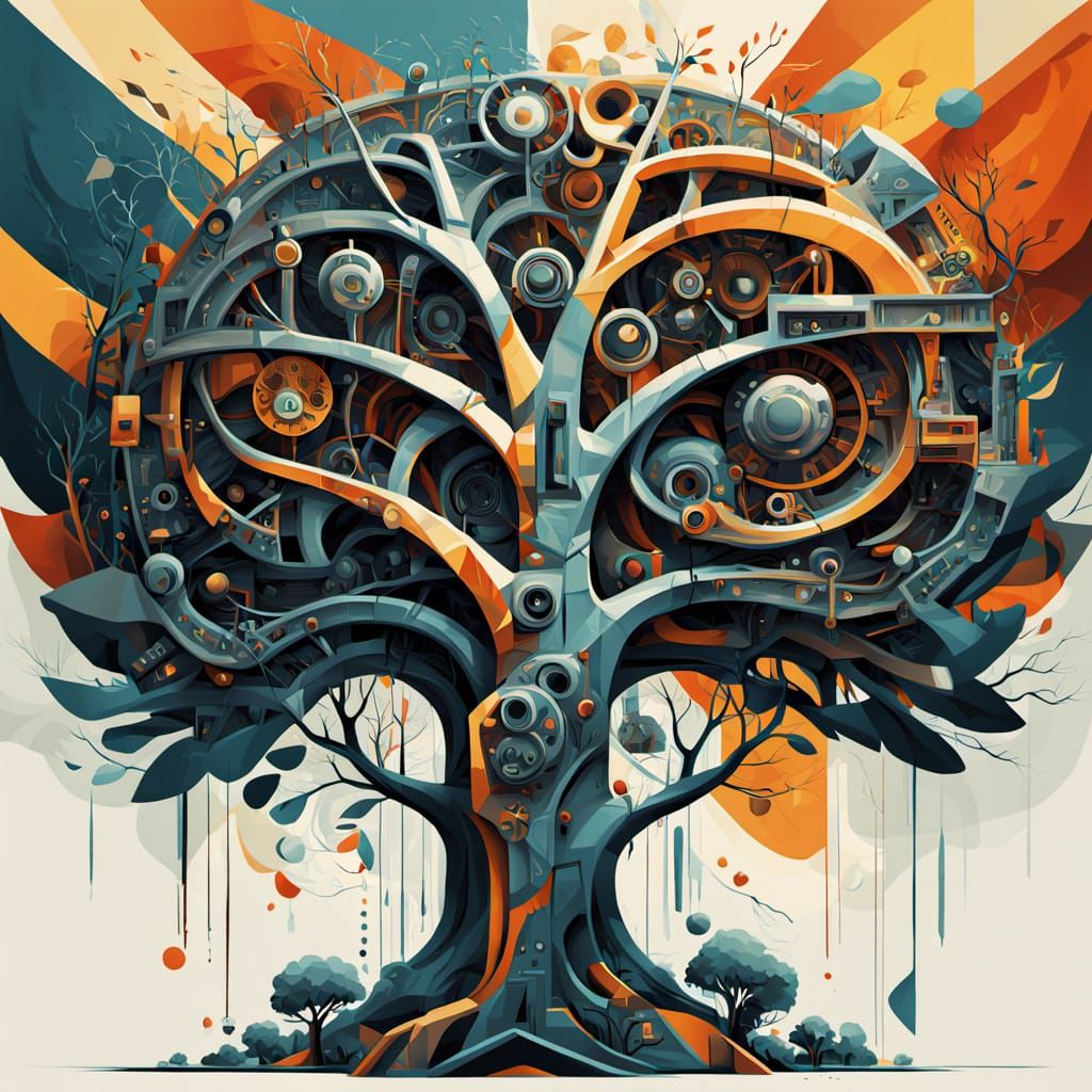 Vibrant Cubist Tree of Life in a Geometric Forest