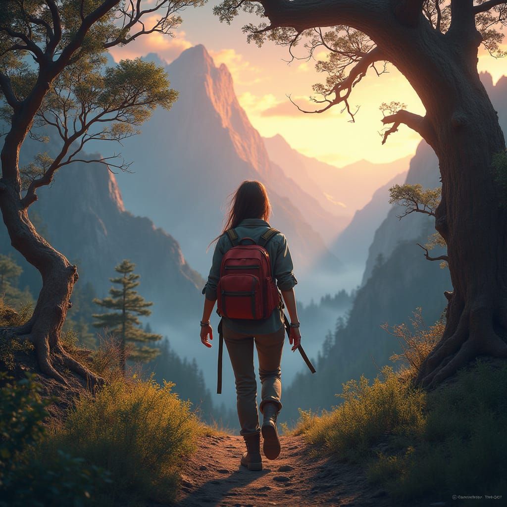 Ethereal Sunset Hiker Amidst Ancient Trees and Majestic Moun...