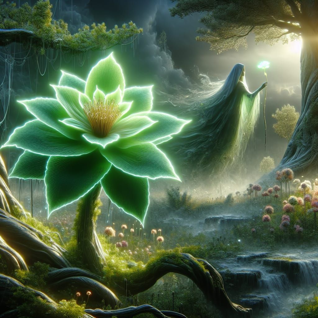 Magical Green Flower in Hyper-Photorealistic Forest