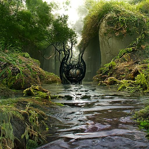 Eerie Dark Mass in Misty Forest Hollow