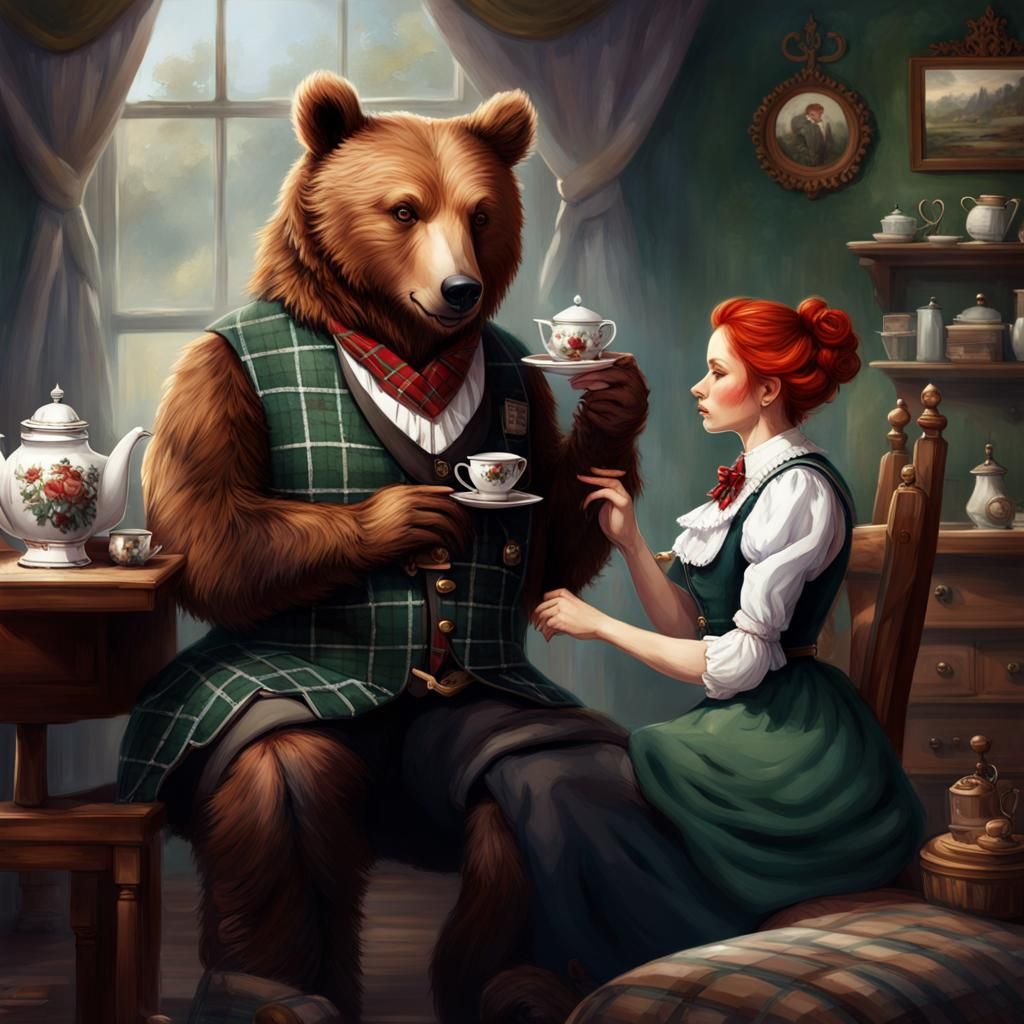 Bear Sipping Tea with Maid, Detailed Matte Painting