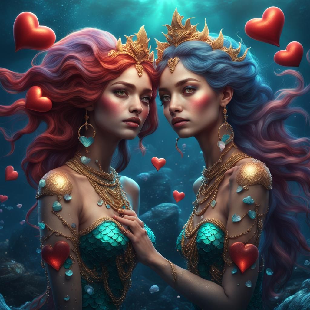 Heart-Faced Mermaid Sisters in Detailed Fantasy Art