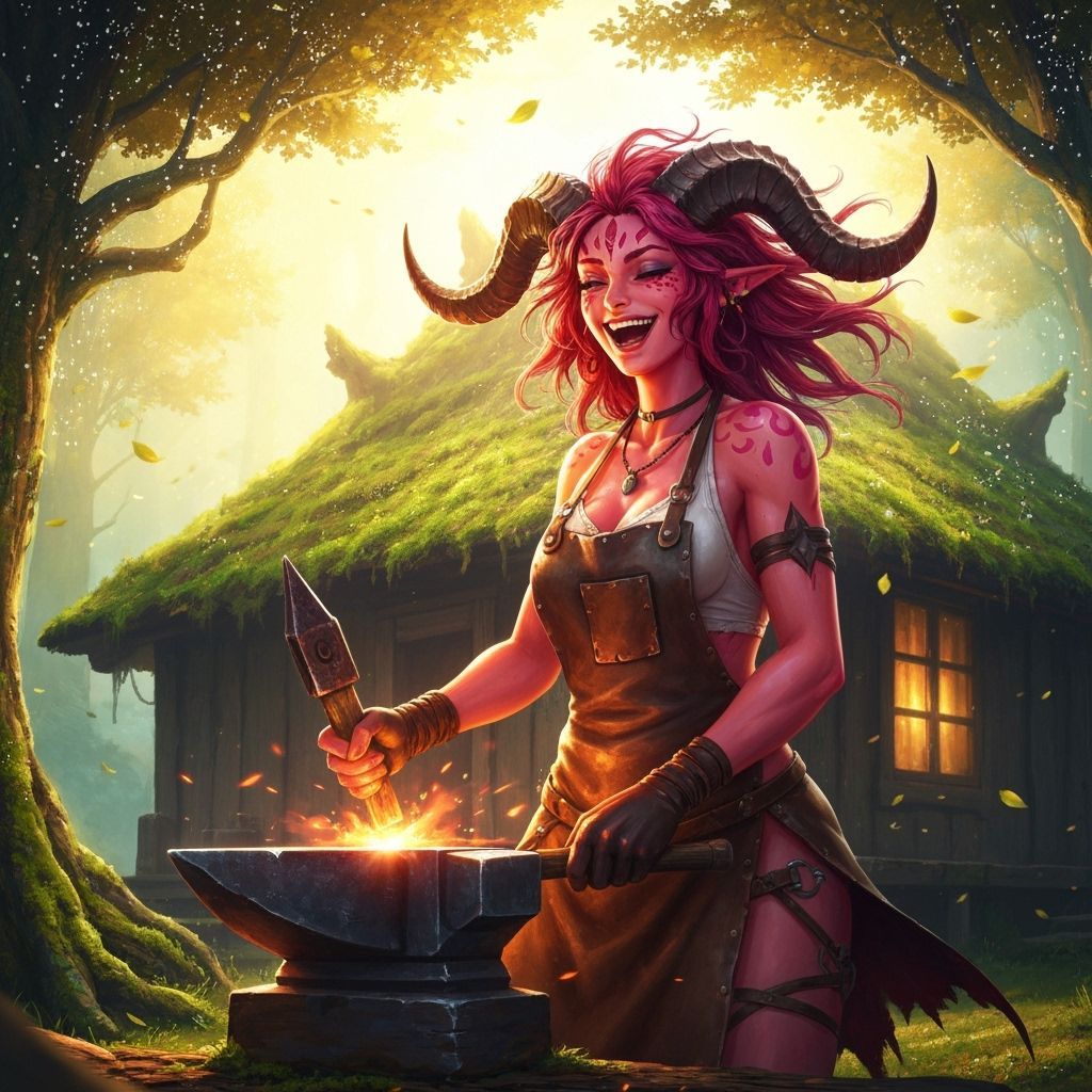 Demon Blacksmith Forges Weapon in Fantasy Woodland