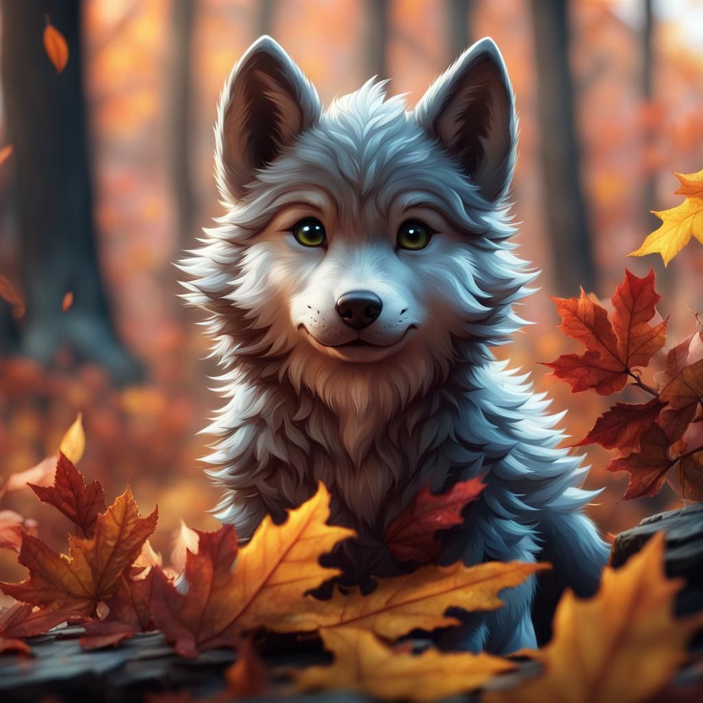 Cute Wolf Cub in Fantastical Autumn Landscape