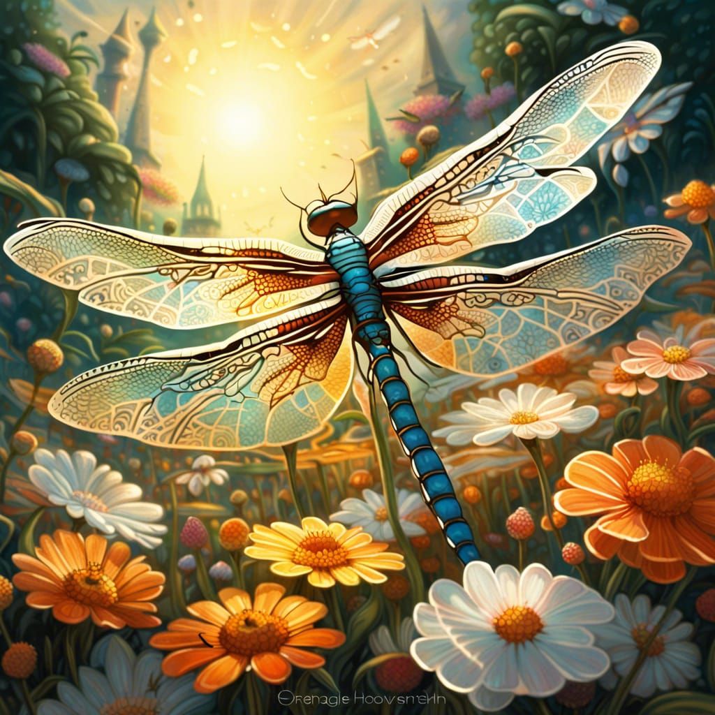 Dragonfly in Flower Garden with Zentangle Elements