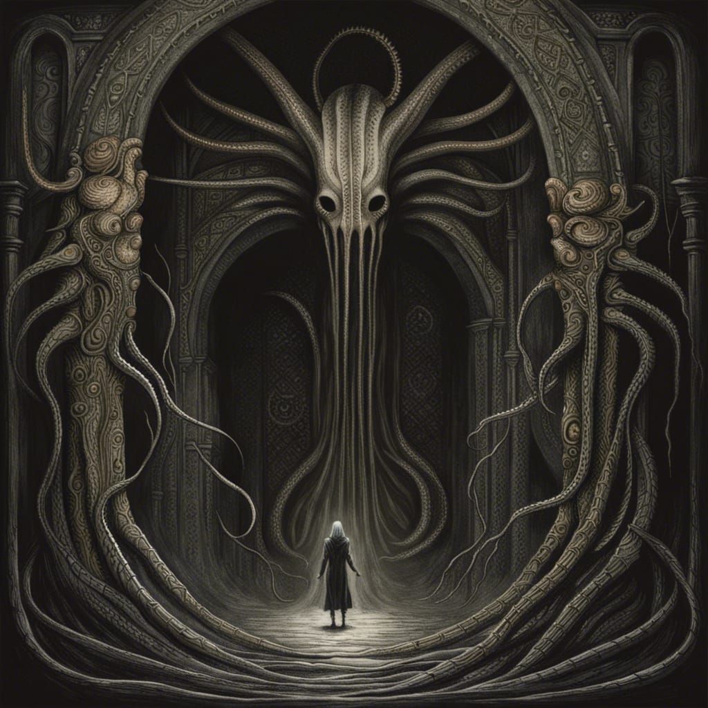 Mindflayer in Dark Corridor: Giger and Beksinski Style