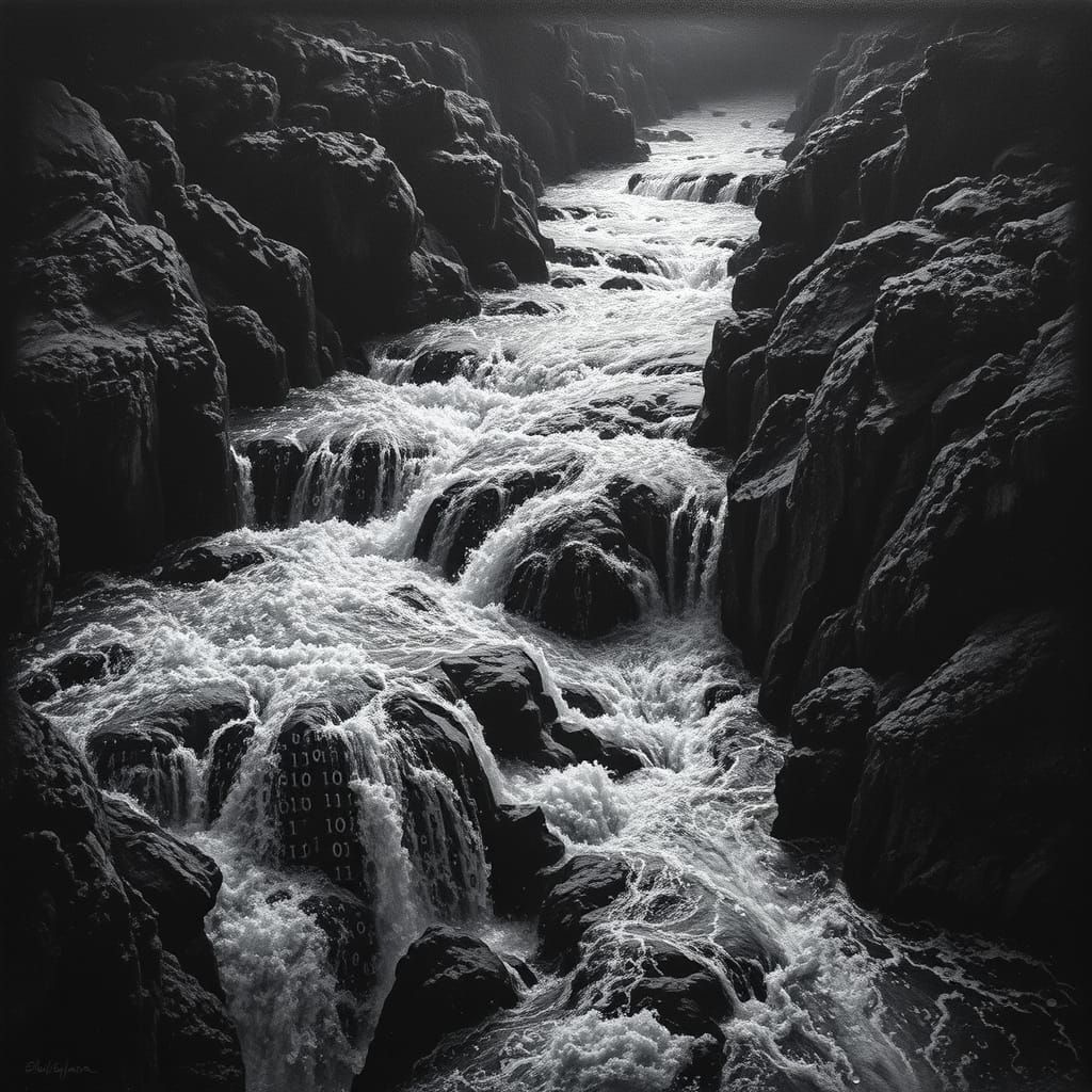 Binary Code River: A Charcoal Drawing with Chiaroscuro