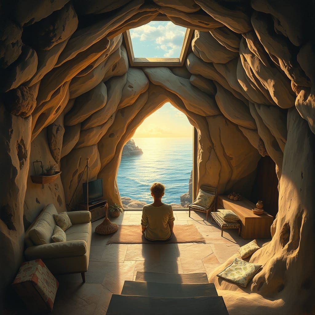 Serene Cave Dwelling Overlooking a Tranquil Sea