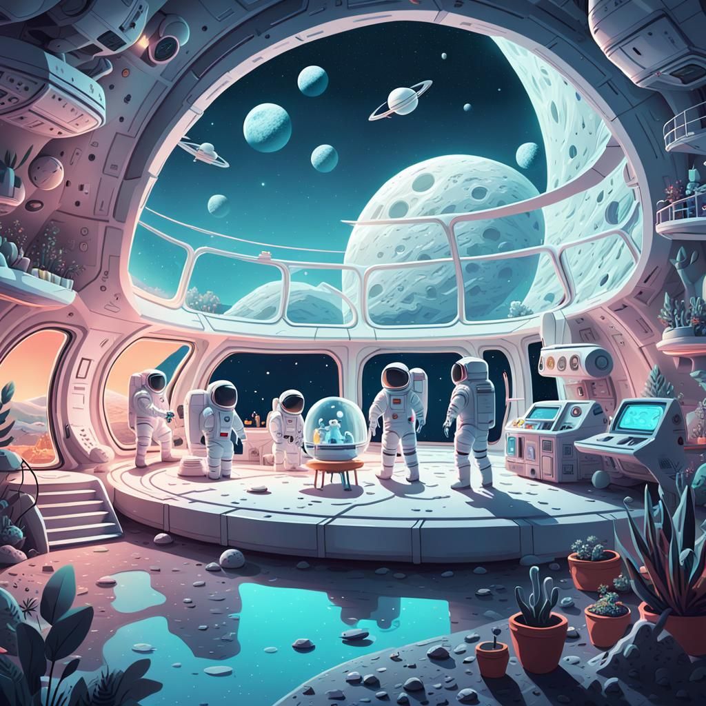 Astronauts Living on the Moon as Cartoon Digital Art