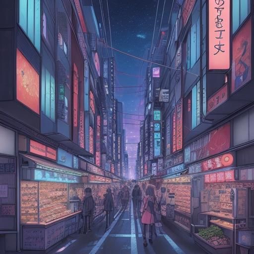 Anime City Nightscape in Japanese Manga Style