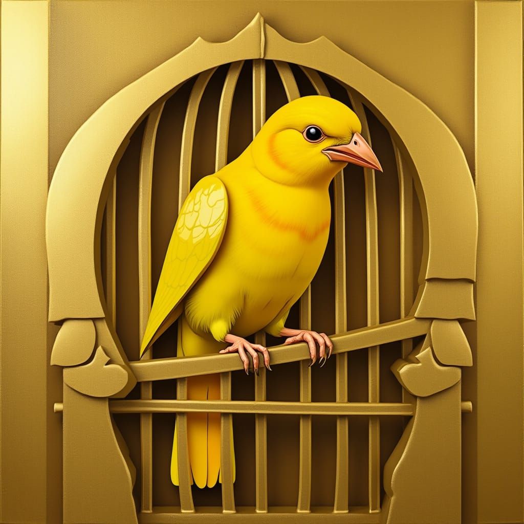 Cubist Canary in Golden Cage Geometric Style