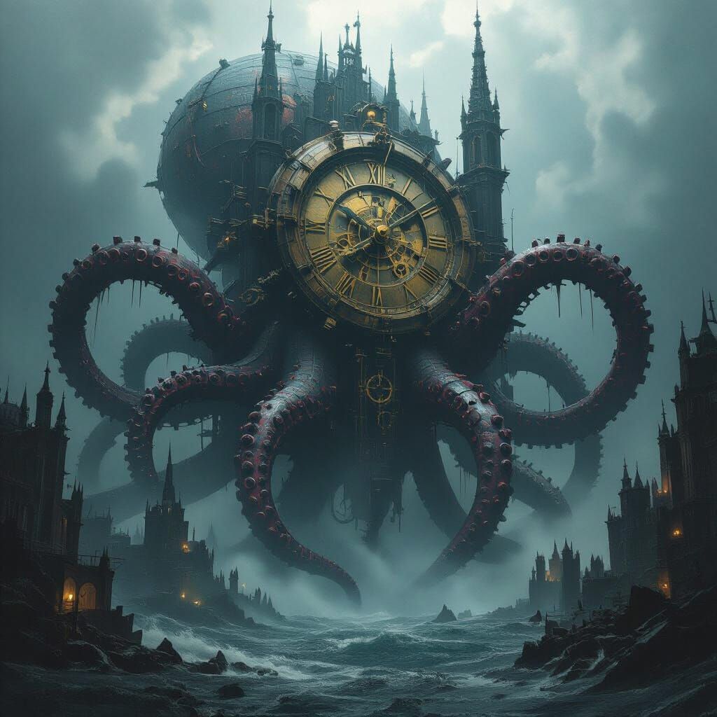 Clockwork Kraken Emerges from Gothic City