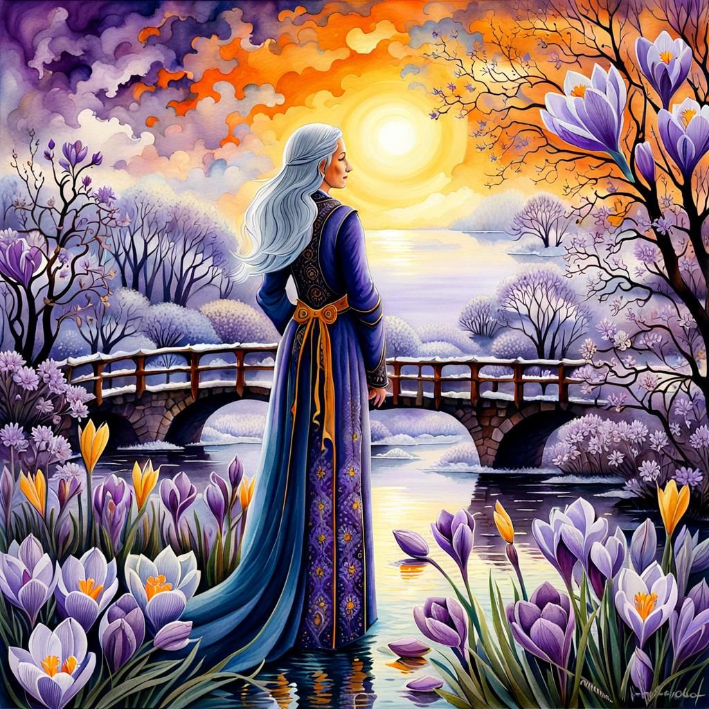 Lady with Crocuses Mosaic Ink Splash Art