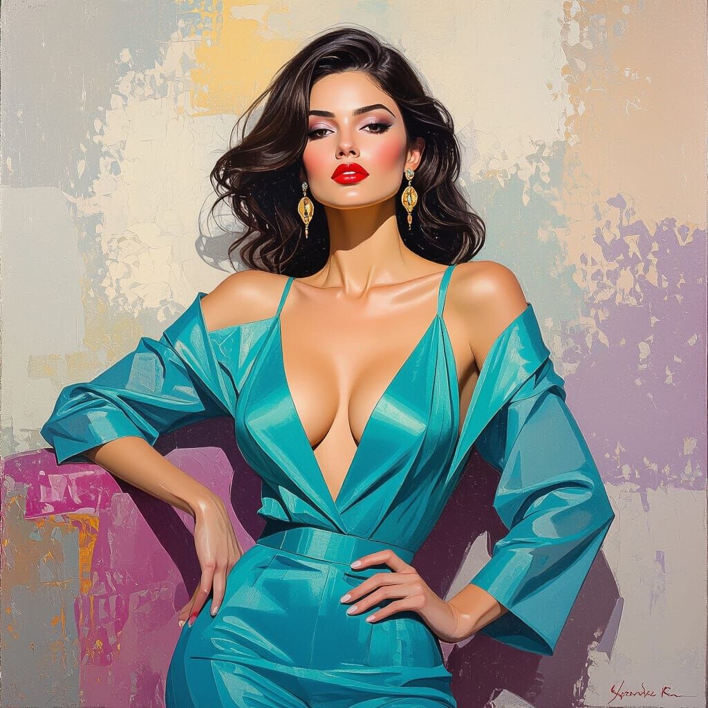 Elegant Woman Posing in Dreamlike Oil Painting Style