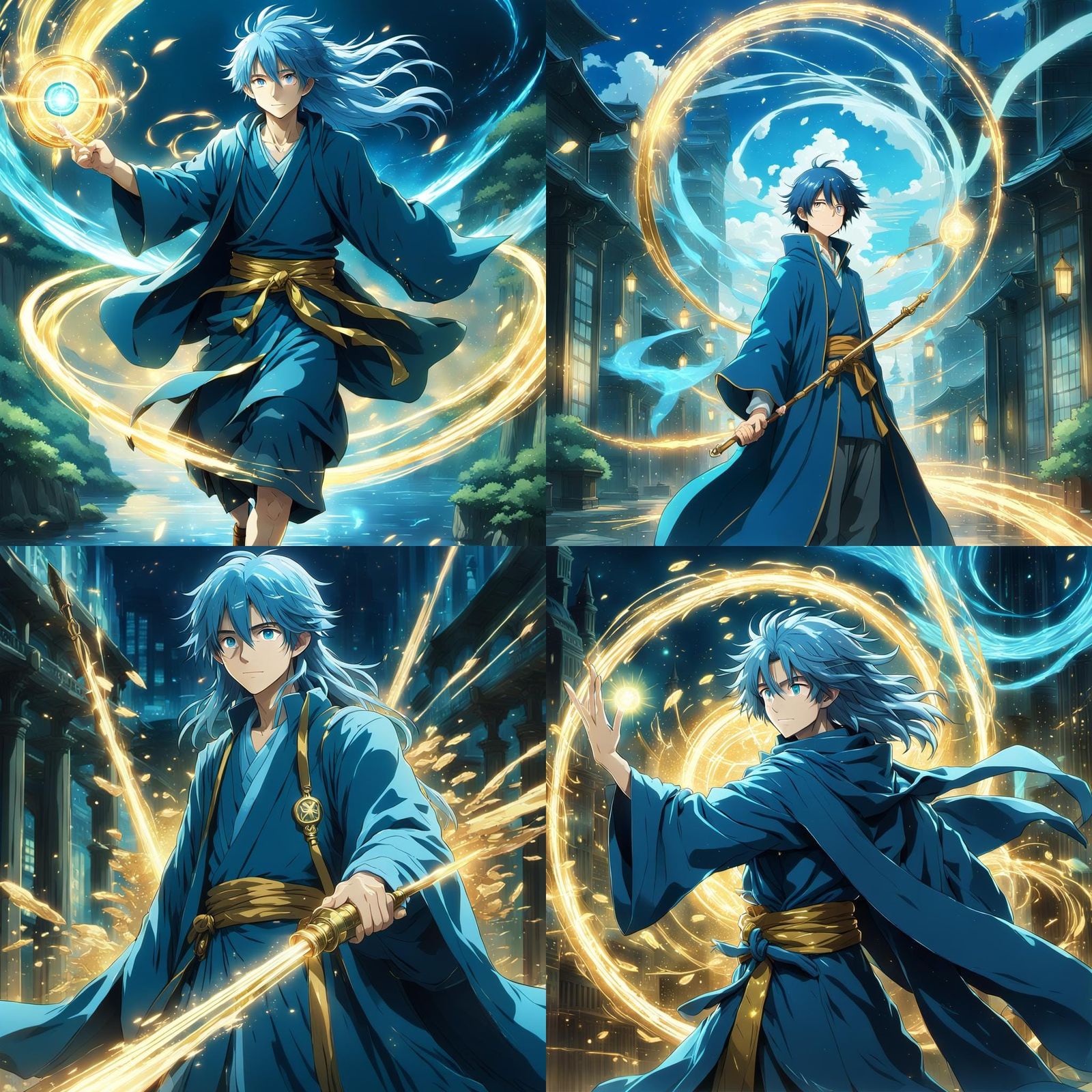 Magical Anime Wizard with Blue Hair, Ghibli Style