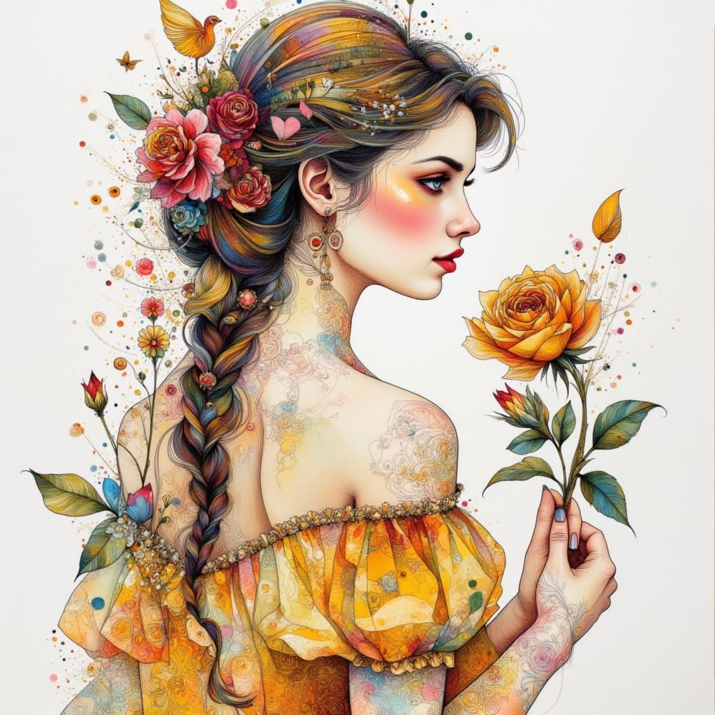 Intricate Ink Drawing: Belle with Rose in Neurographic Style