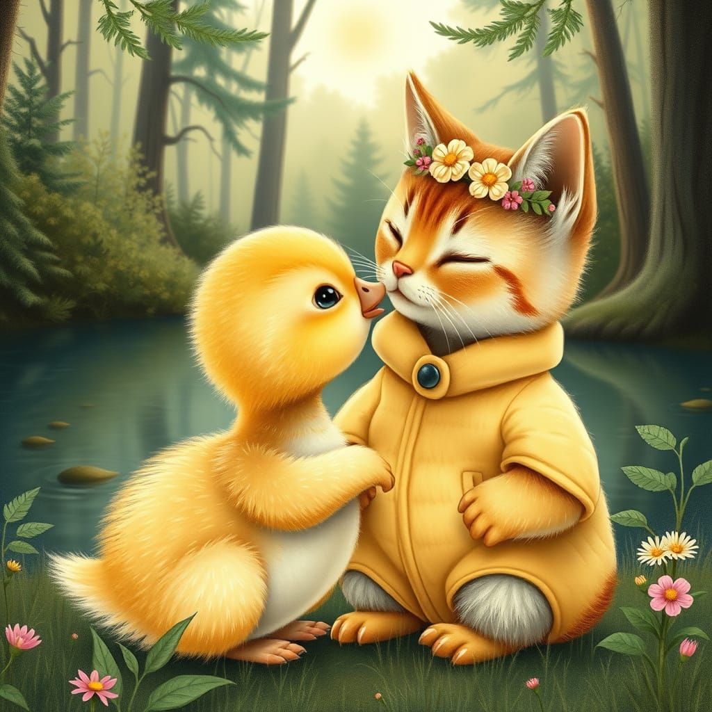 Whimsical Woodland Kiss in Watercolor Style