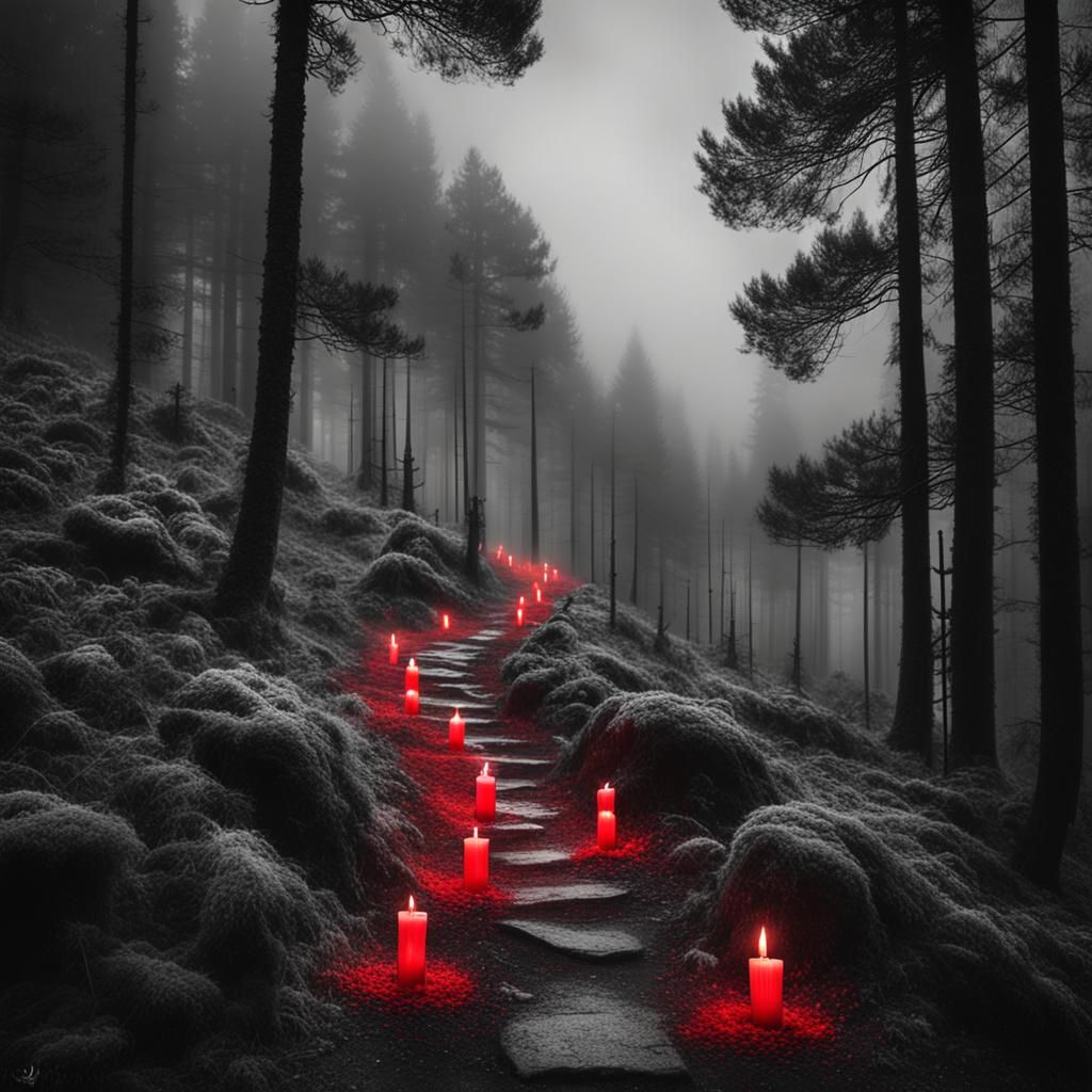 Misty Forest Path with Red Highlights in Black and White