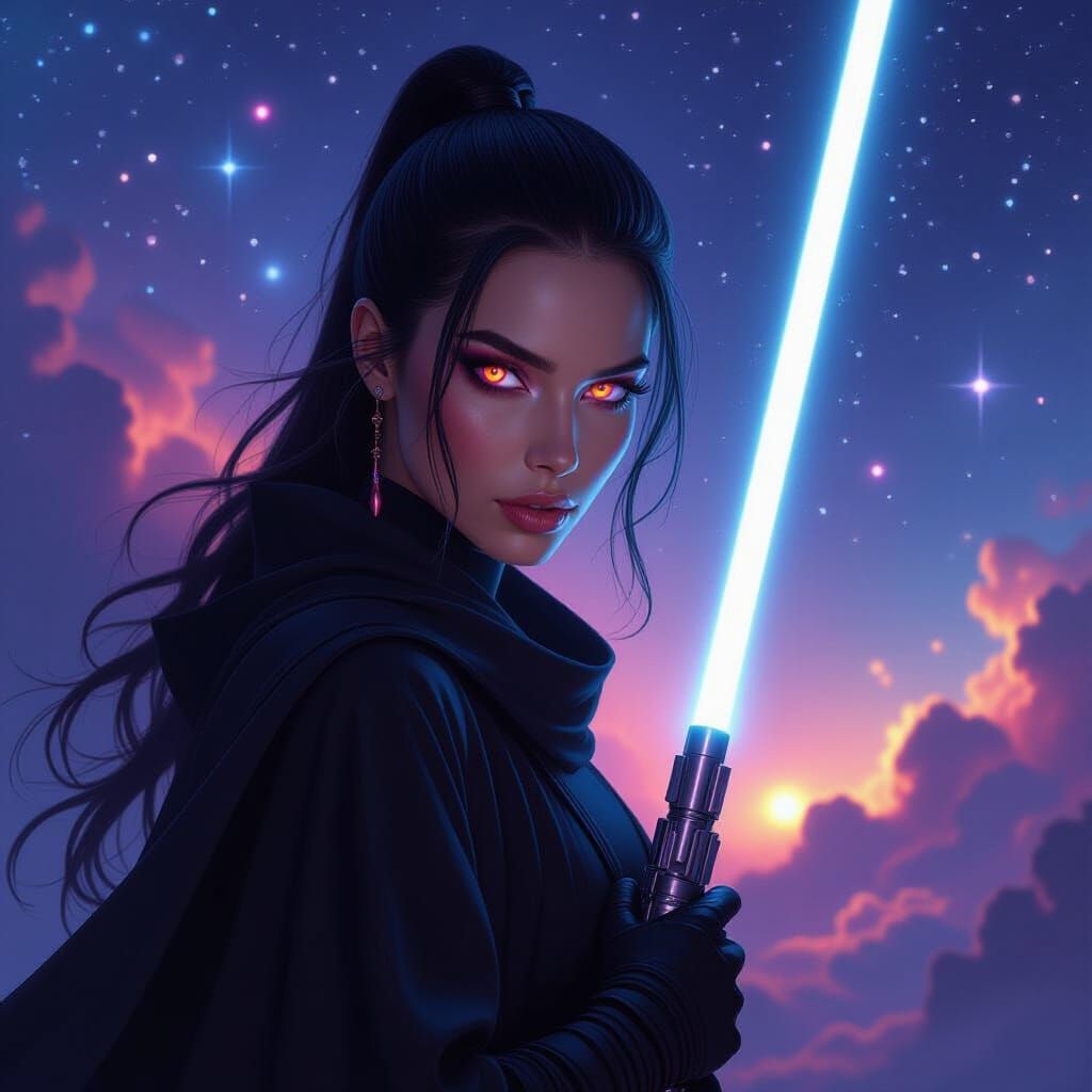 Sith Hybrid with Neon Lightsaber in Simon Stalenhag Style