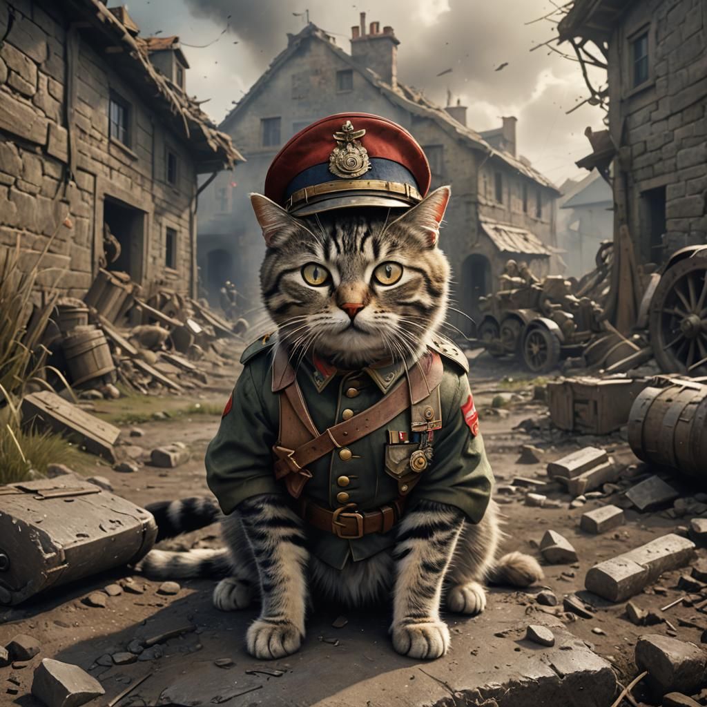 Cat Soldier on the Western Front in Detailed Painting