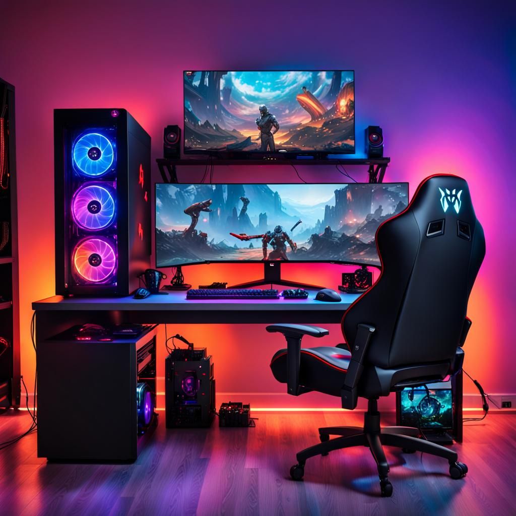 Gaming PC Setup
Ultimate gaming setup with powerful PCs, colorful RGB lighting, and cutting-edge accessories in your en...