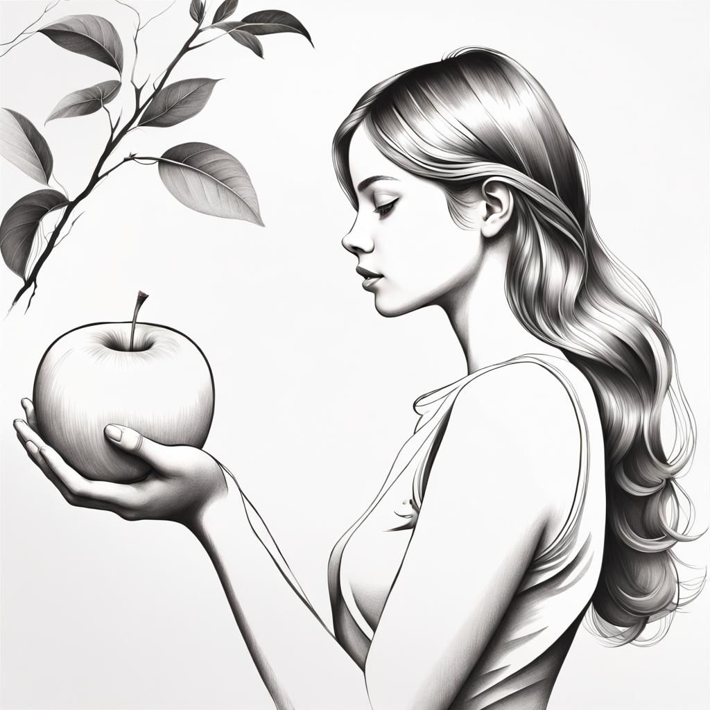 Elegant Line Art of Girl with Apple