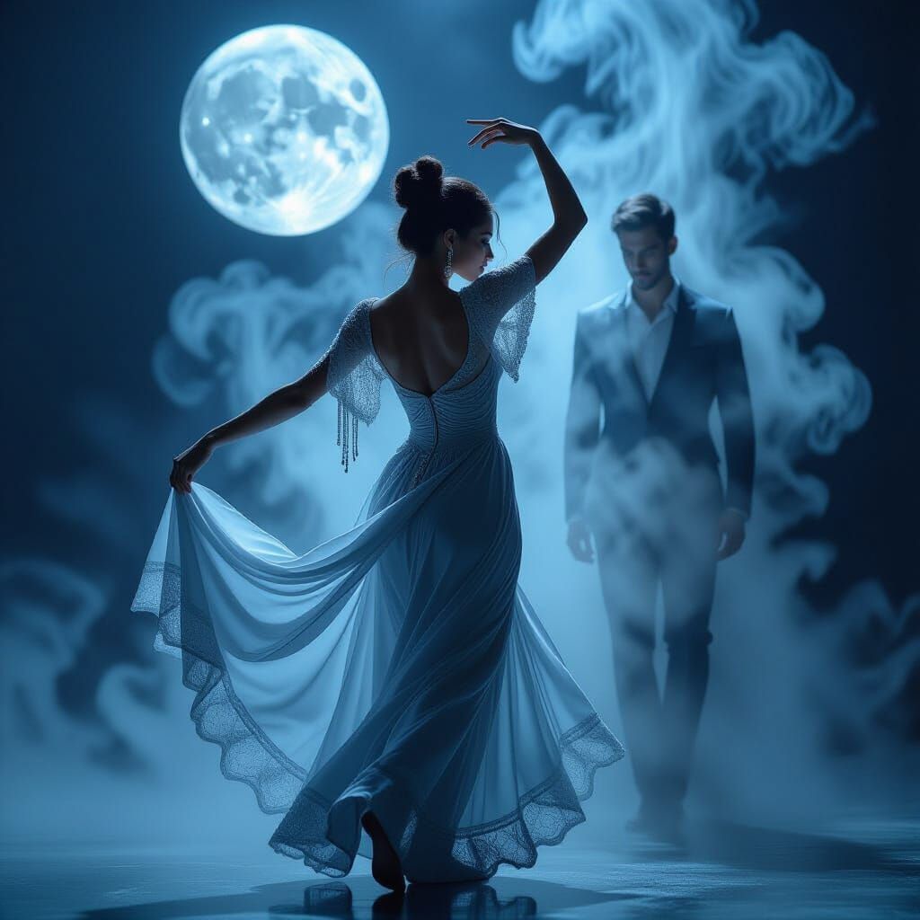 Ethereal Dance in Moonlight with Smoke Figure