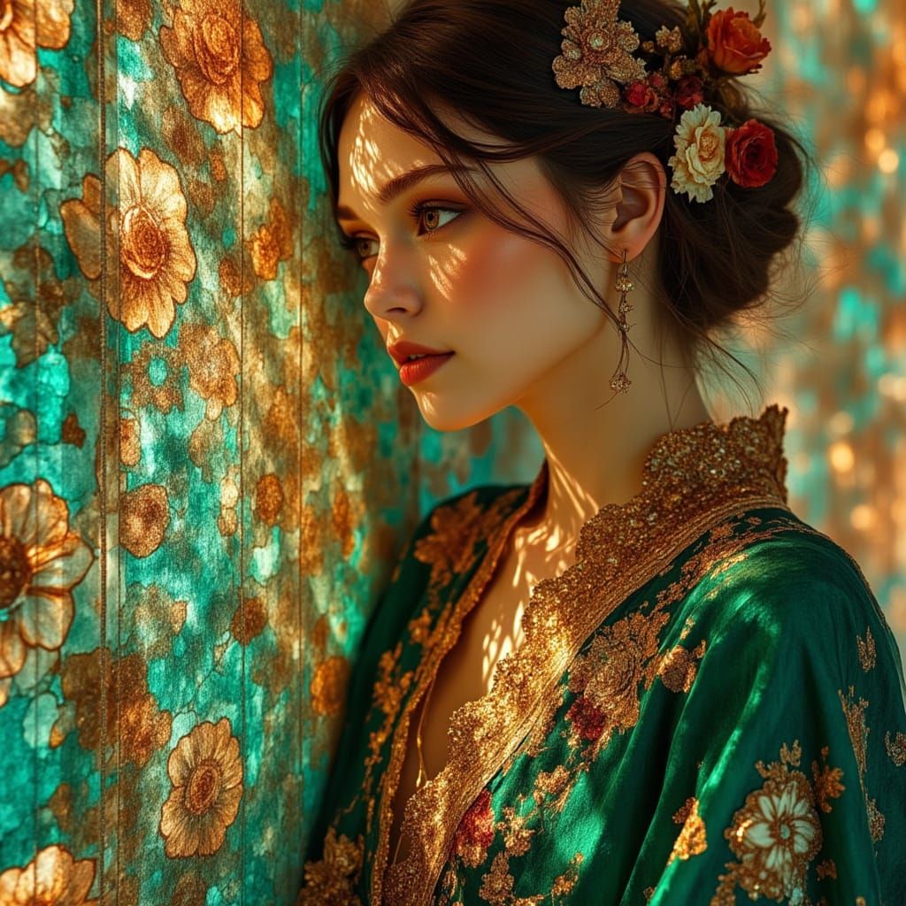 Woman in Floral Robes, Art Nouveau Style