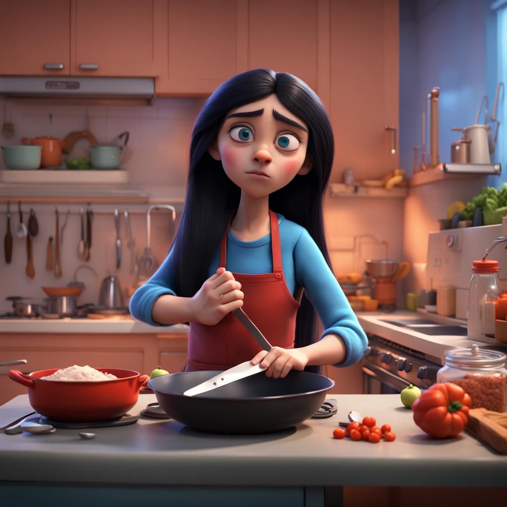 Teenage Girl Forced to Cook: Pixar-Style 3D Art