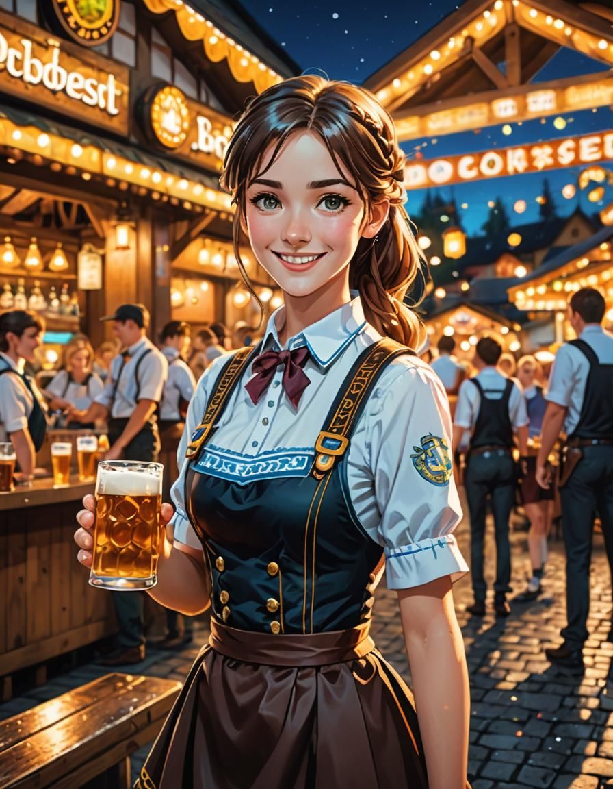 Oktoberfest Waitress in Anime Style with Neon Lights