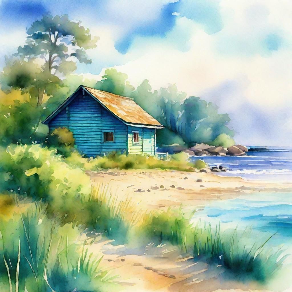 Neo-Impressionist Cabin on a Tranquil Shore