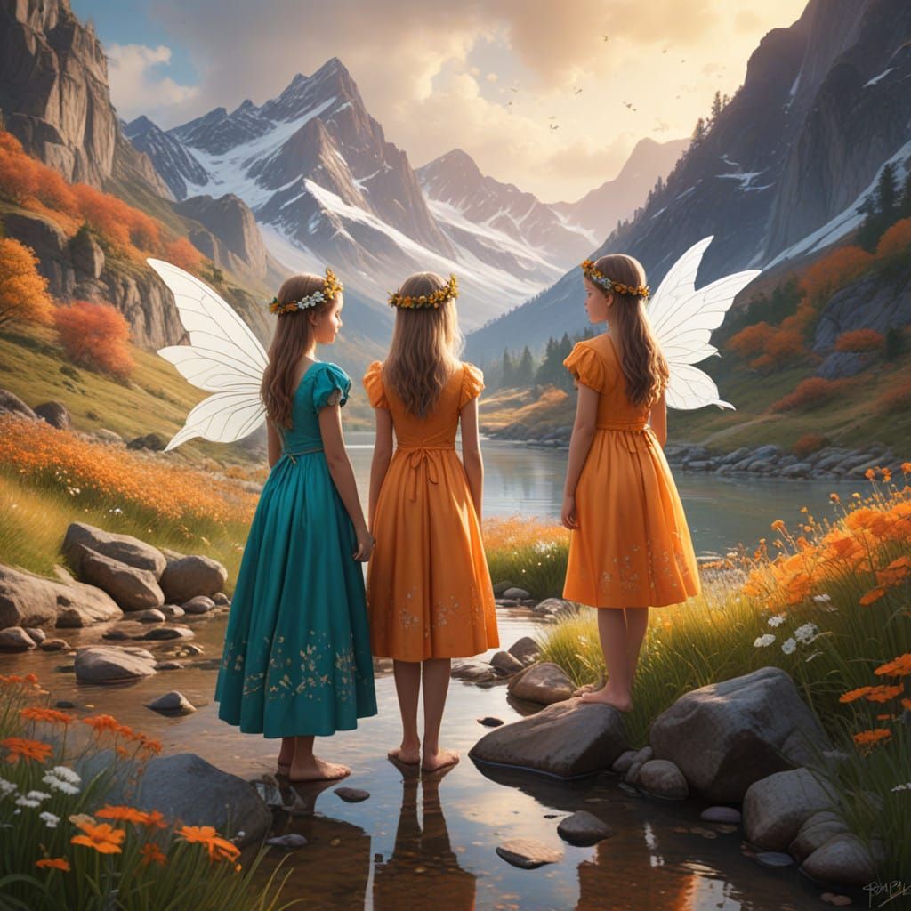 Two Young Fairies Standing on a Rock Overlooking a Tranquil....