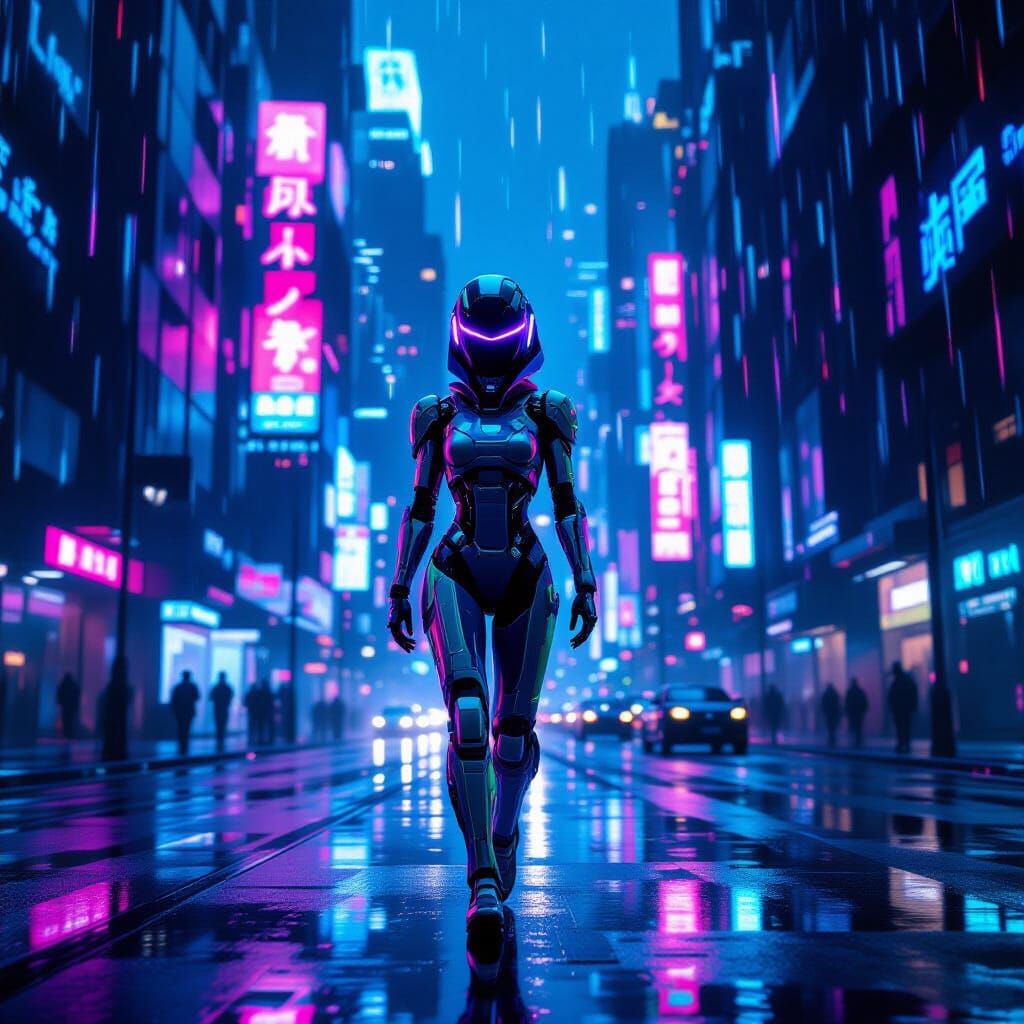 Cybernetic Girl in Neon Cyber City