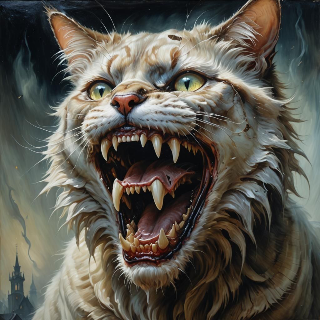 Decaying Cat Jaws in Surreal Oil Painting