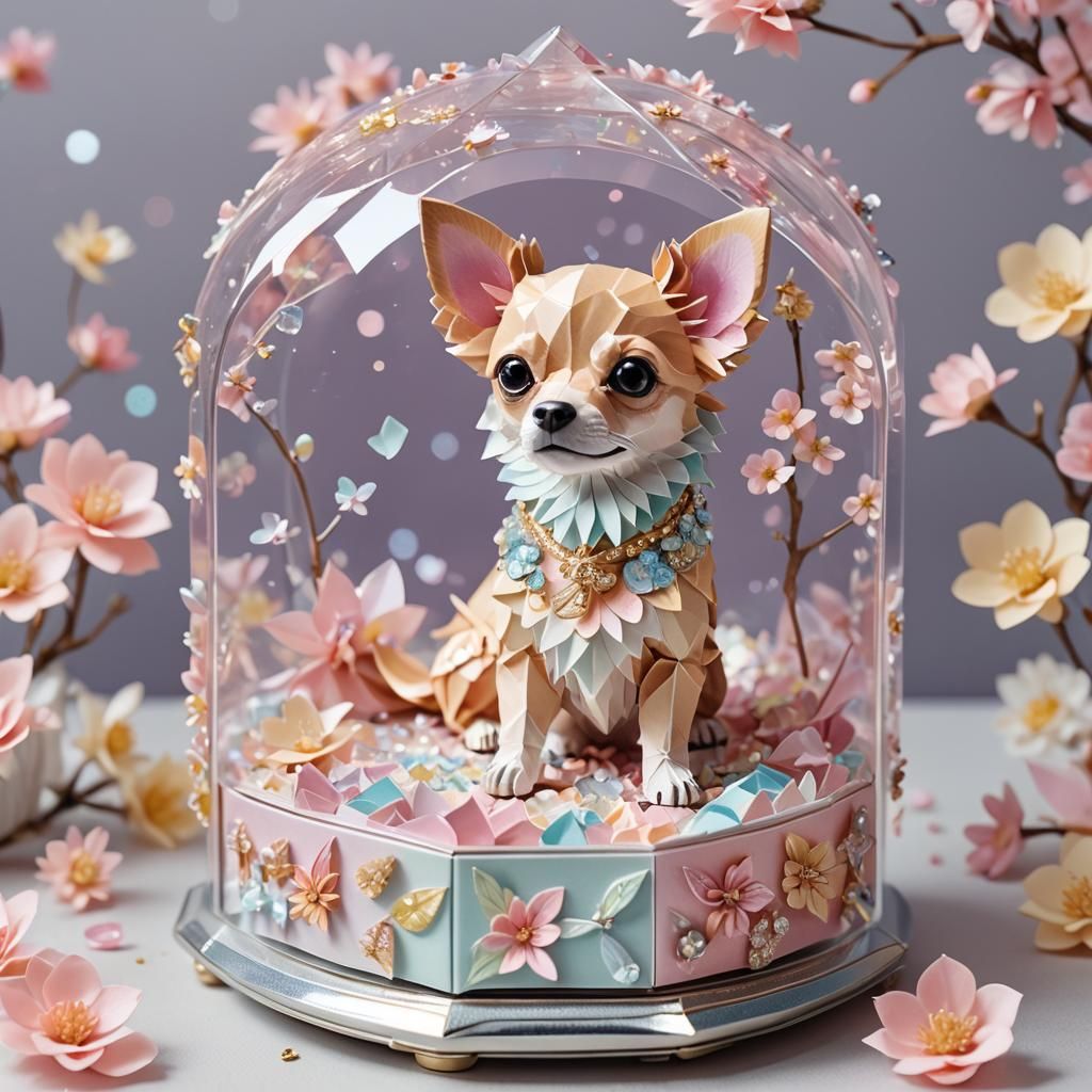 Sakura Music Box with Chihuahua, Papercraft Style