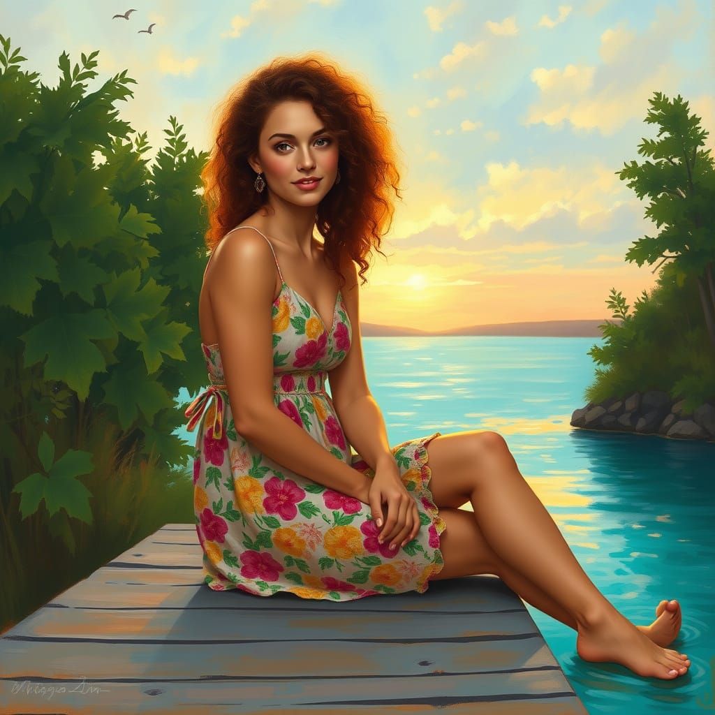 Impressionist Woman on Wooden Dock at Sunset