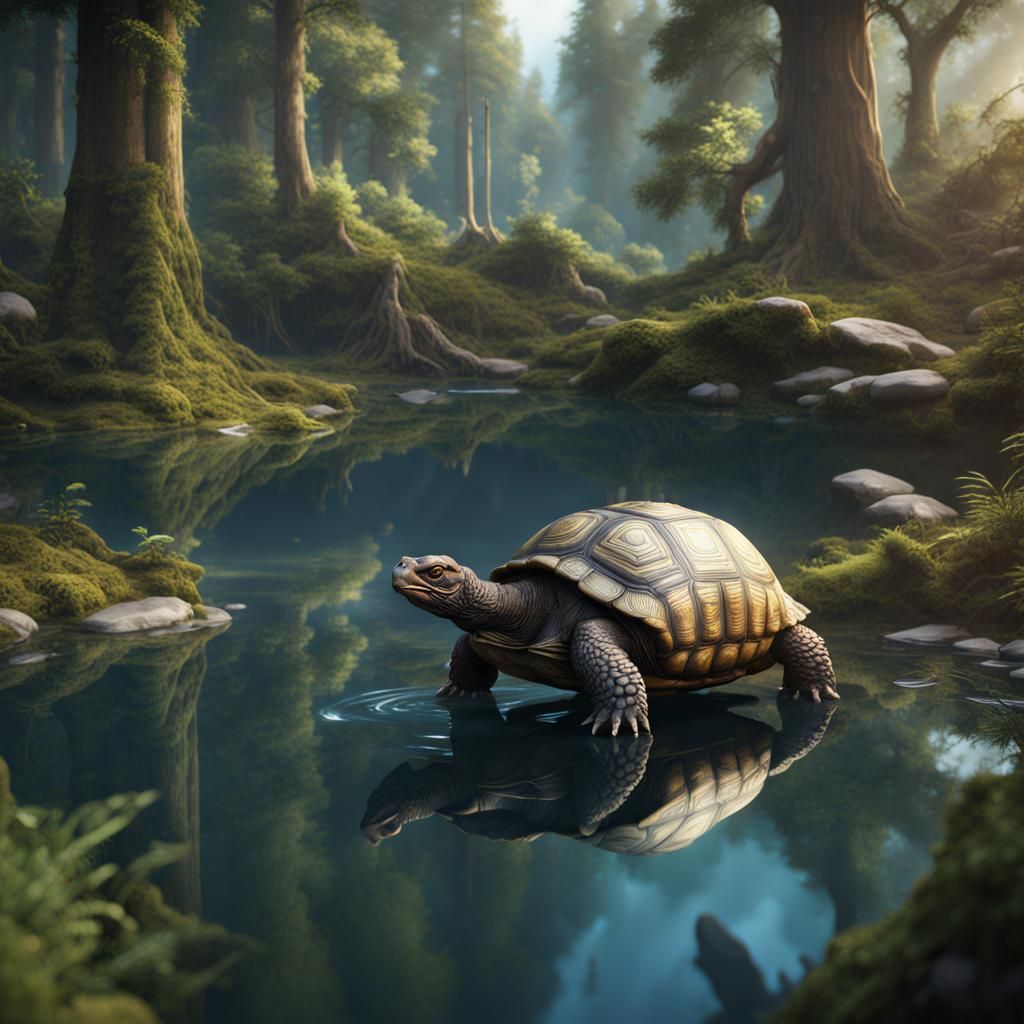 Tortoise Drinks in Forest Lake: Detailed Matte Painting