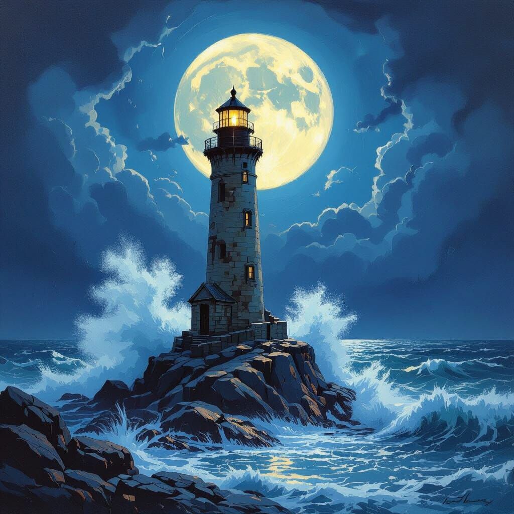Lighthouse on Stormy Coast: Dramatic Oil Painting