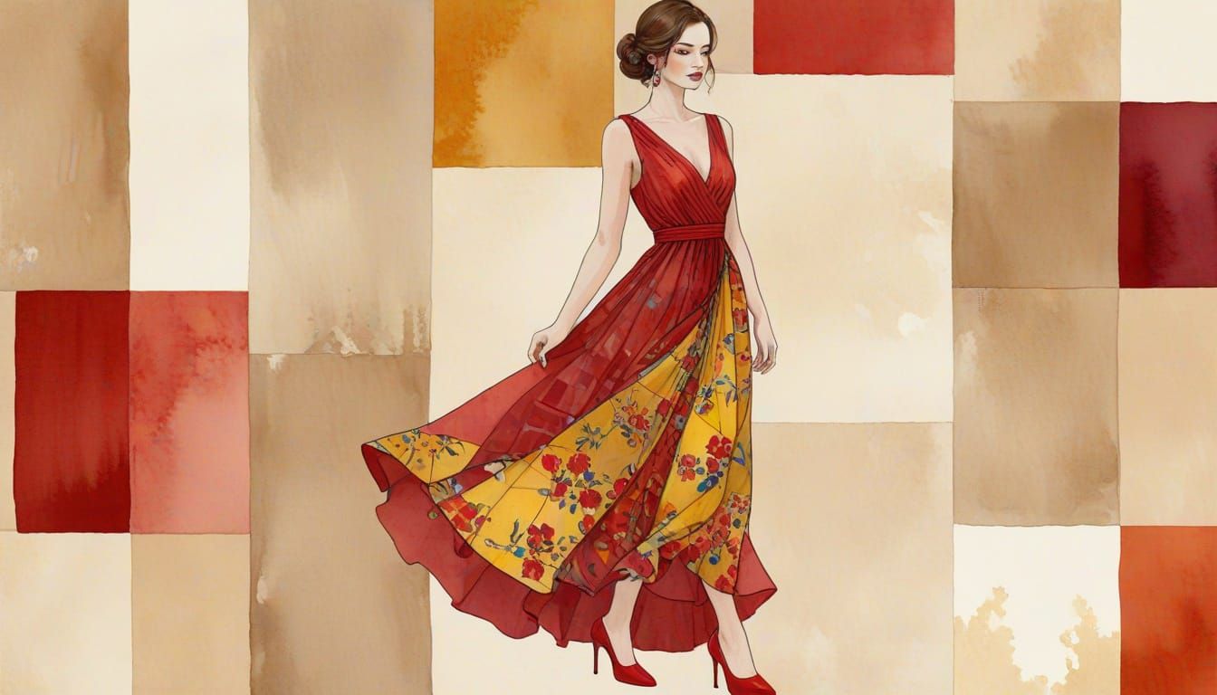 Glamorous Woman in Klimt-Inspired Patchwork Dress
