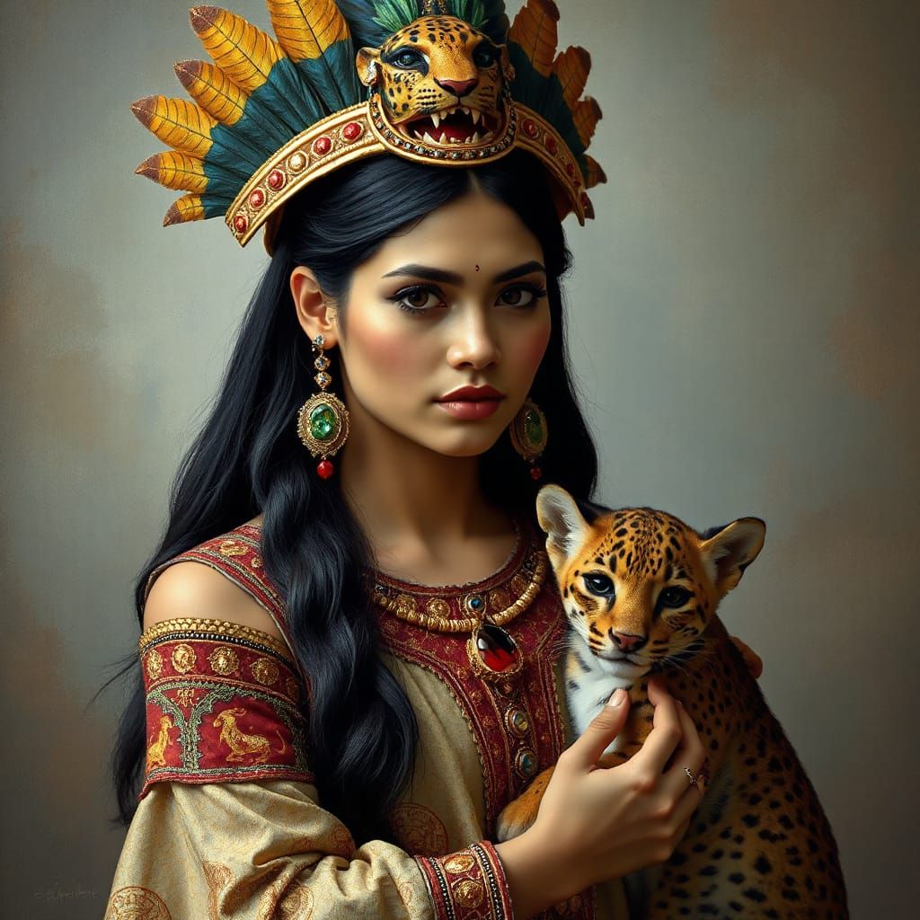 Mayan Goddess with Jaguar Headdress in Impasto Style
