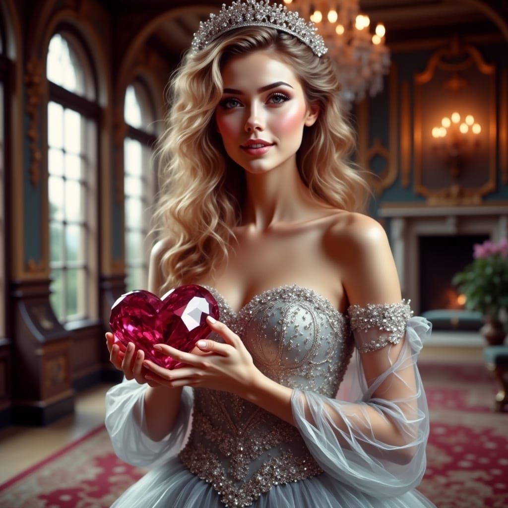 Blonde Princess Holding a Ruby in Fantasy Castle